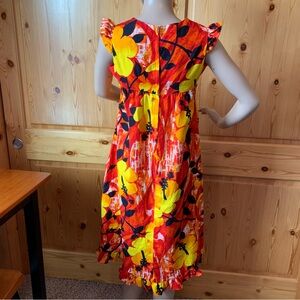 70's Hawaiian Neon Bright Long Sleeve Barkcloth Dress